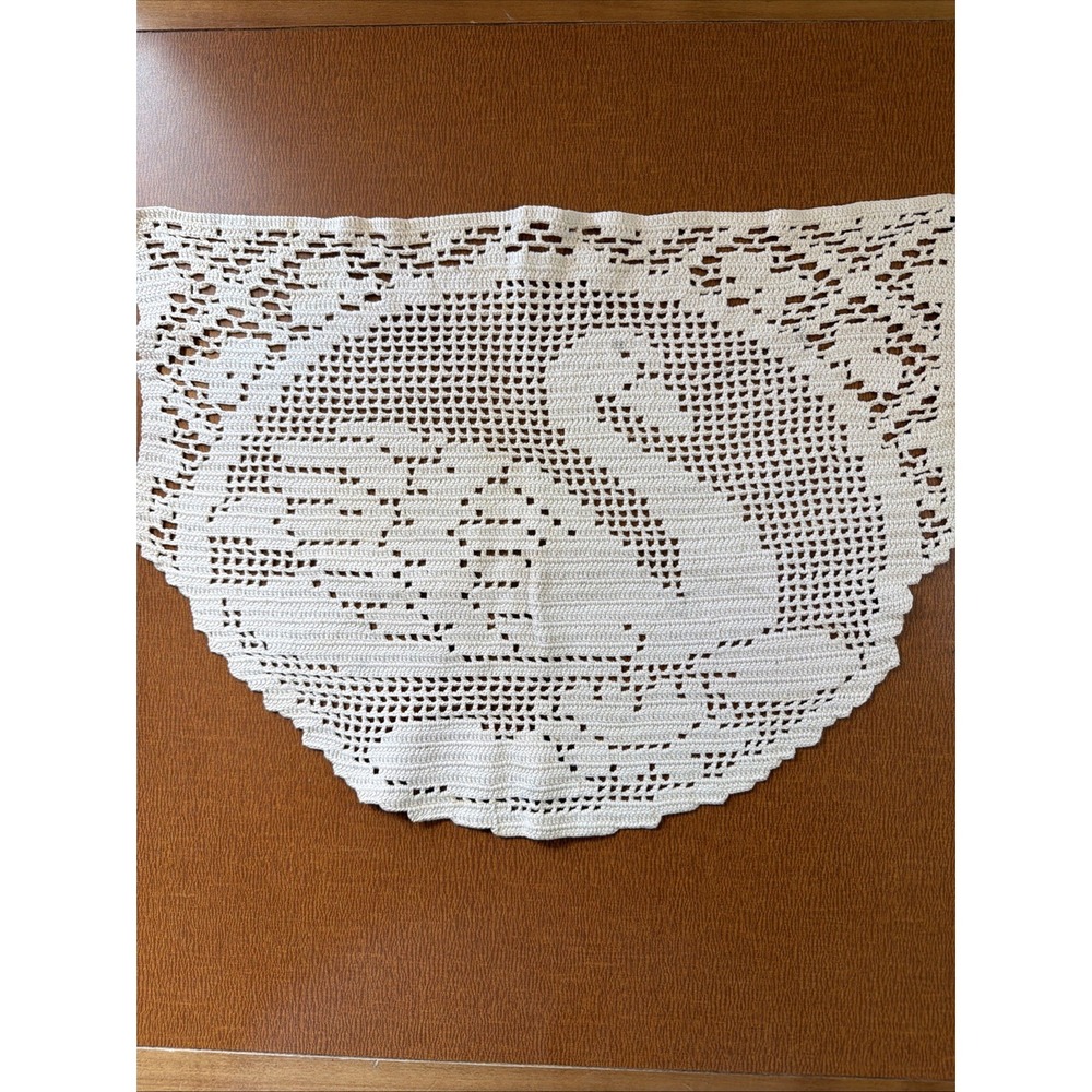 Vintage Swan Crochet Handmade Doily Table Topper 16.5" By 12" Beige